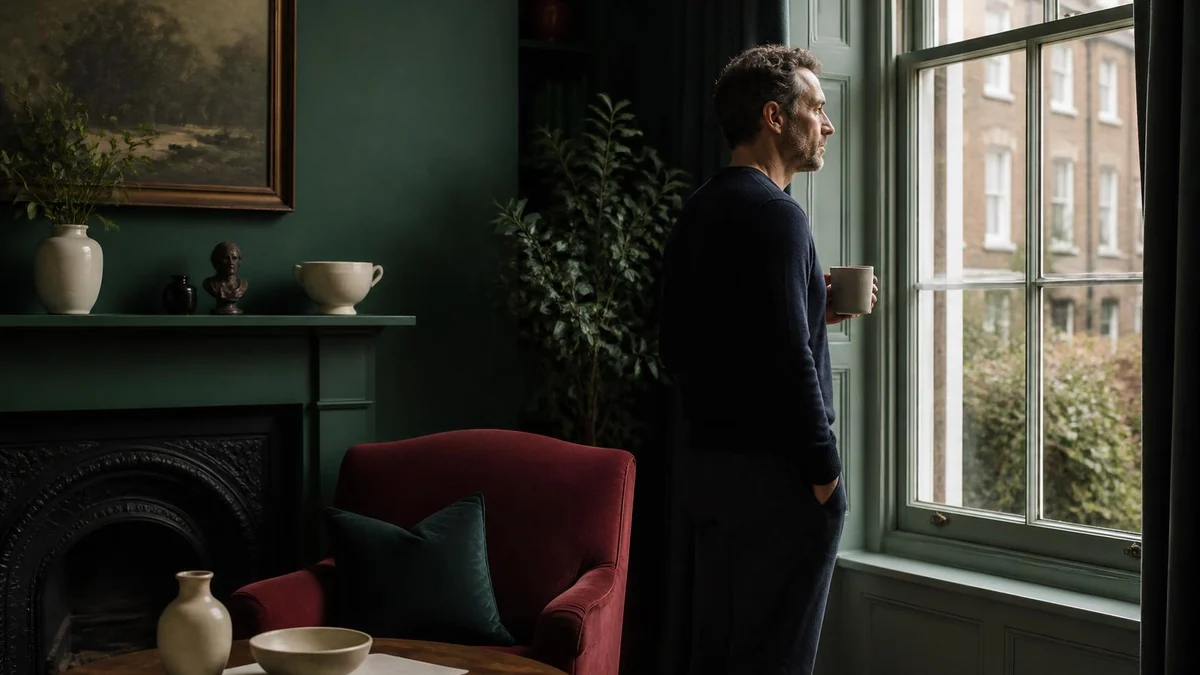 A man in his forties standing at a window in a forest green room, holding a mug, looking out thoughtfully