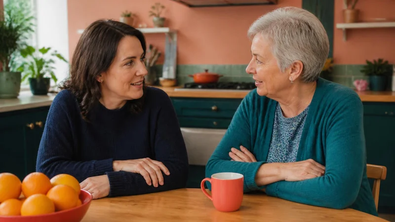 A woman and her mother sitting at a bright kitchen table, talking over mugs of tea