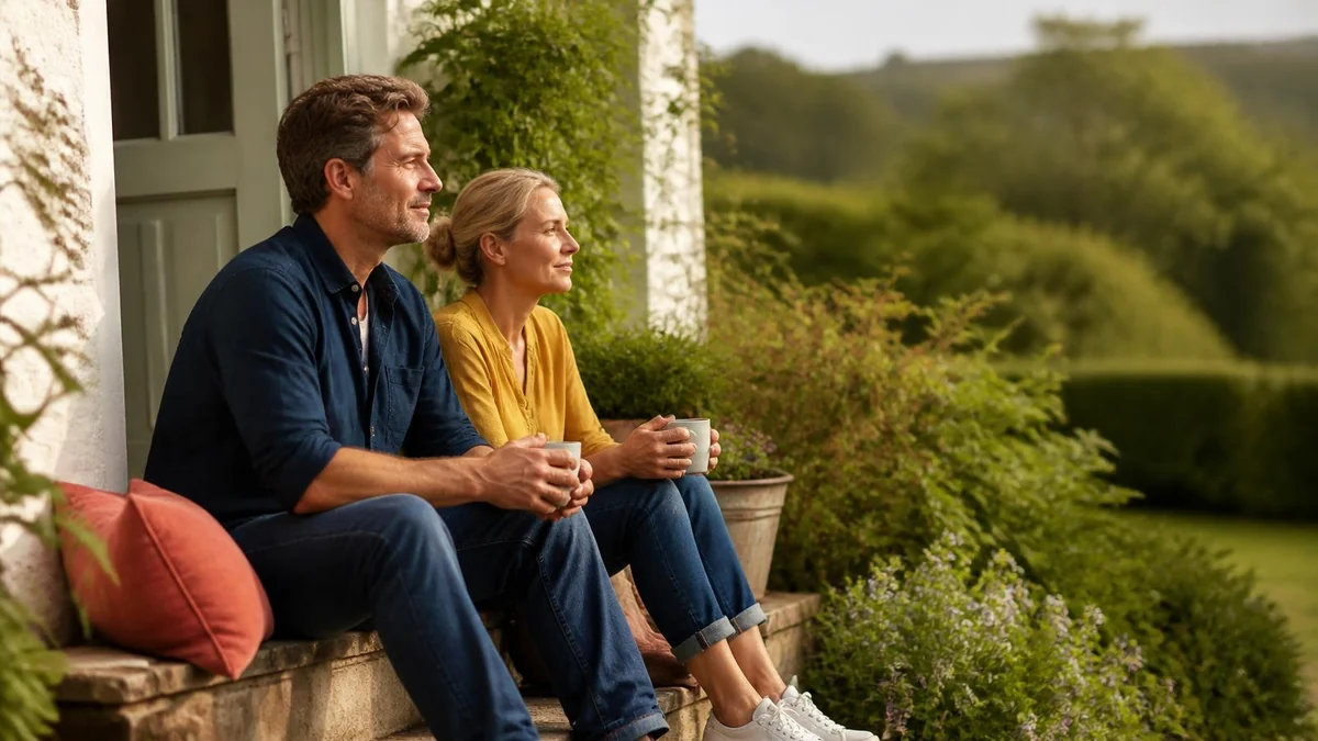 A couple in their forties sitting on the back step of a house with a slate blue door, mugs in hand, looking out at the garden