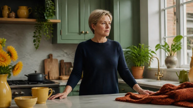 A man in his fifties sitting at a kitchen table in a petrol blue kitchen, a mug beside him, looking down in thought
