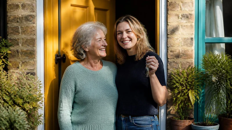 A mother and her grown-up daughter standing outside a brightly painted front door with a set of house keys