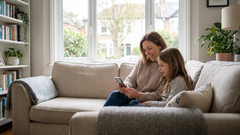 a mother sat with young daughter on the sofa looking at a mobile phone together.