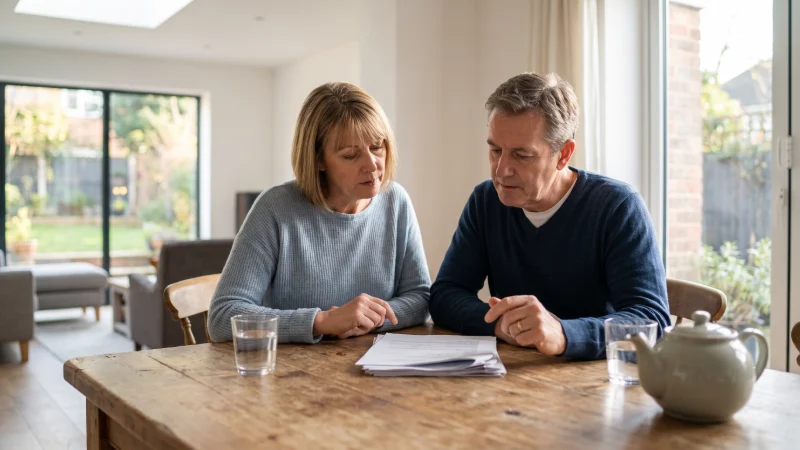 a couple at a kitchen table talking about separating