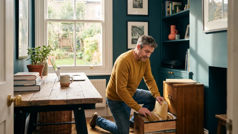 a middle aged man looking for some lost papers in his home office, he cant find them anywhere.