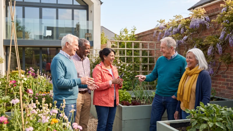 A group of white, back, asian, mixed race 
Active pensioners, not sitting down, they are active but talking together and enjoying life really