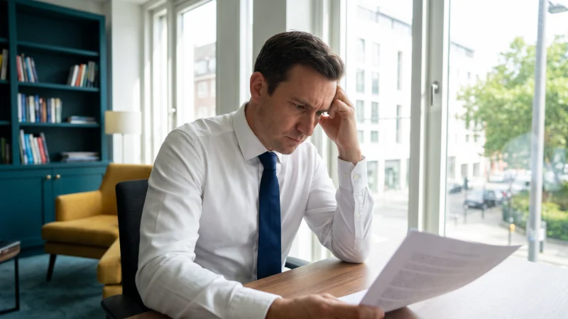 An employer with his head in his hands holding a document, put him in a white shirt and tie, he is not happy and he is not at ho eso cant see a garden he is in his office at work ,he is not happy he has his head in his hands, he is in his OWN office there is no one esle in there HE IS IN AN OFFICE NOT A HOUSE!!! HIS OWN OFFICE