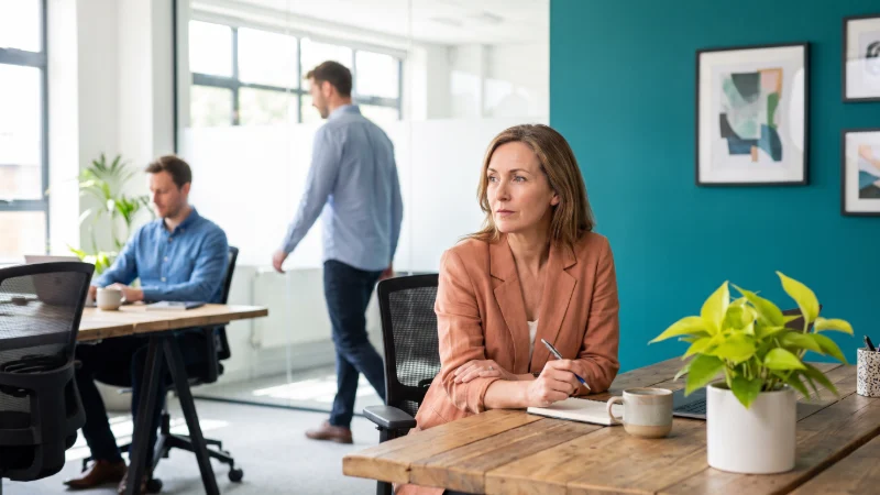 a woman over 40 working in a prfessional not smiling, and not looking as if she is in charge. she is in professional 
 male dominated work space,