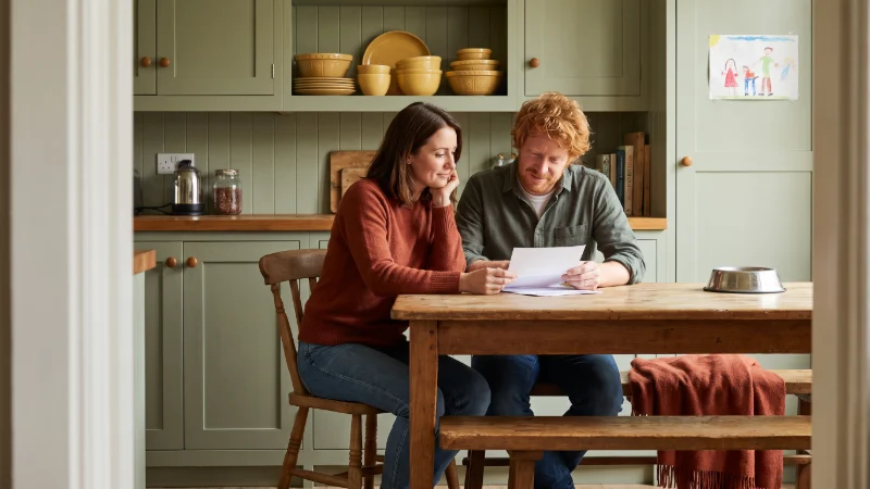 a late thirties couple sat in a kitchen together looking at some paper work, it is a lived in kitchen with evidence of amnimals and kids
