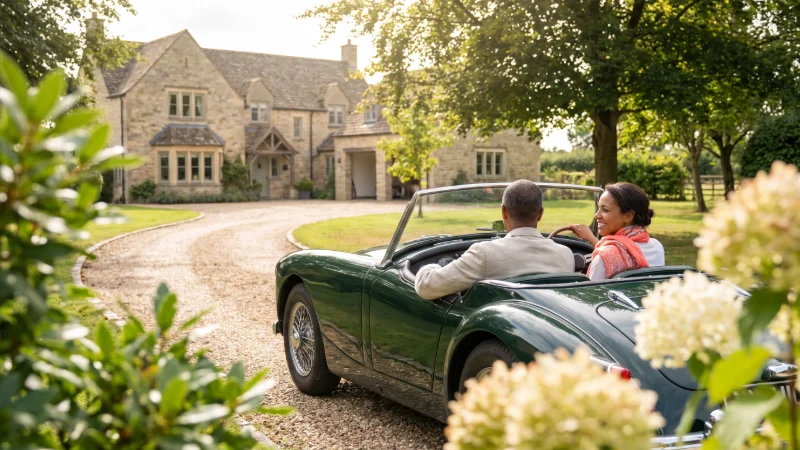A rich couple, driving together in an open top sports car out of their larger dirveay with big luxury  house in the background