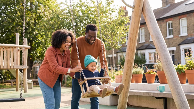 An image of a couple in a playgound playing with their child on the swings.