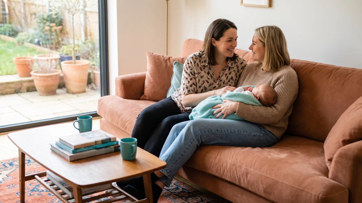 two lesbinas holding a baby they have adopted recently looking tenderly at each othee