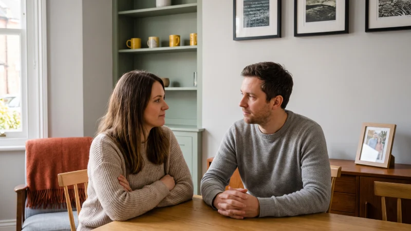 Two adult siblings talking SOMBERLY NOT SMILING in the hallway of a terraced house, the closed front door