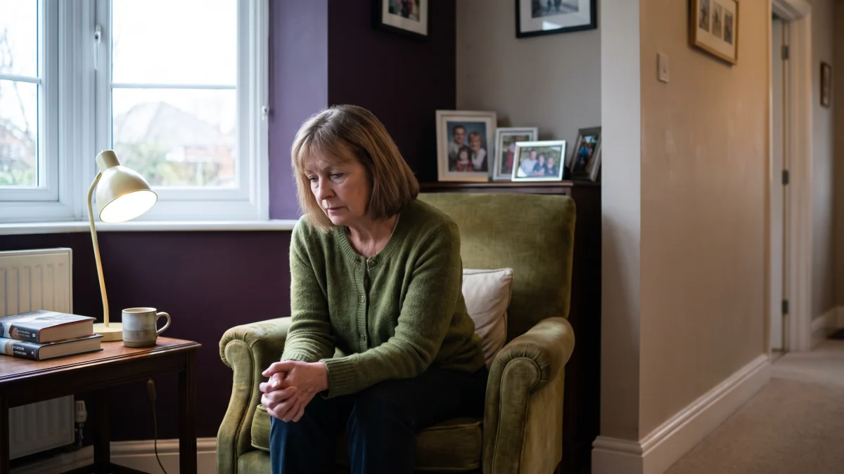 A woman in her sixties sitting alone on the arm of a sofa in an ochre hallway, coat still on, looking down
