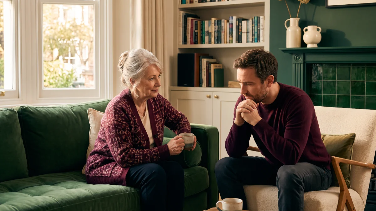 An older woman and her adult son sitting quietly together in a slate blue-grey living room, mid-conversation, soft afternoon light