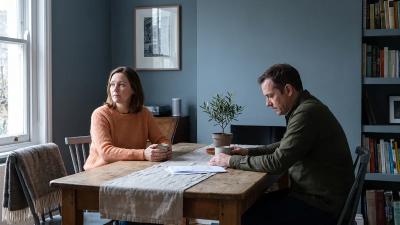 Two adult siblings sitting at opposite ends of a plum-painted dining room, not looking at each other, cool daylight with MUGS of tea NO teapot